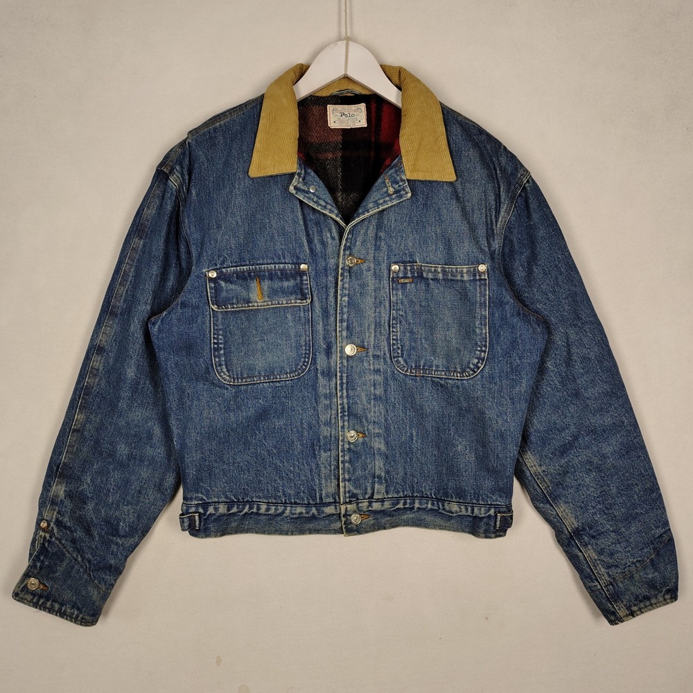 Vintage Polo Ralph Lauren Denim Trucker Jacket Plaid Blanket Lined Made in USA L